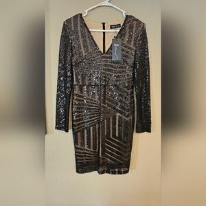 Black and Nude Sequin Long-Sleeve Dress
